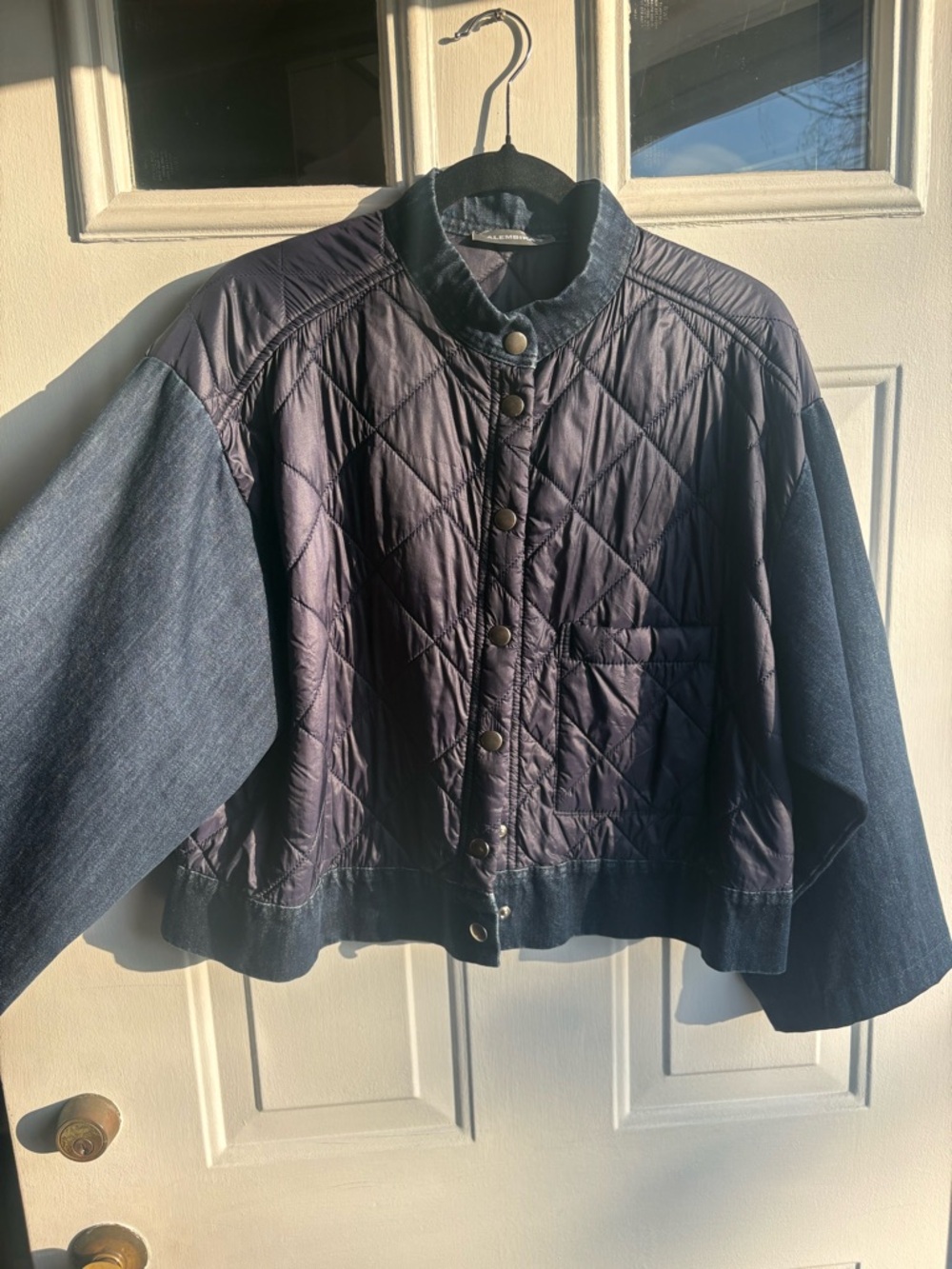 Alembika Women’s L Oversized Quilted Blue Denim Mixed Media Jacket Wide Sleeves